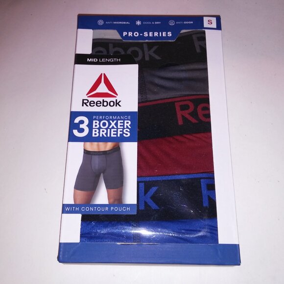 Reebok Underwear Mens Boxer Briefs 3 Pack Solids Red Blue Gray Contour Pouch New - Picture 1 of 14